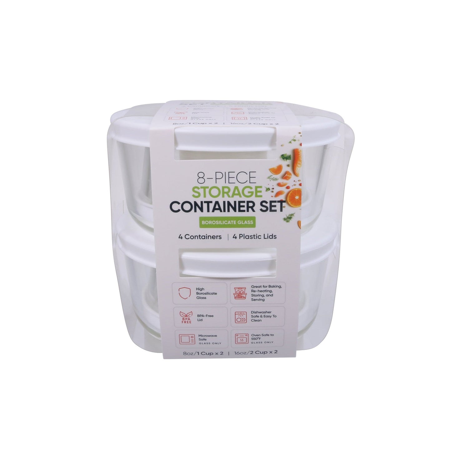 8 Piece Set (2 X 1 Cup / 8Oz & 2 X 2 Cup / 16Oz) Round Glass Storage Containers With Lids, White