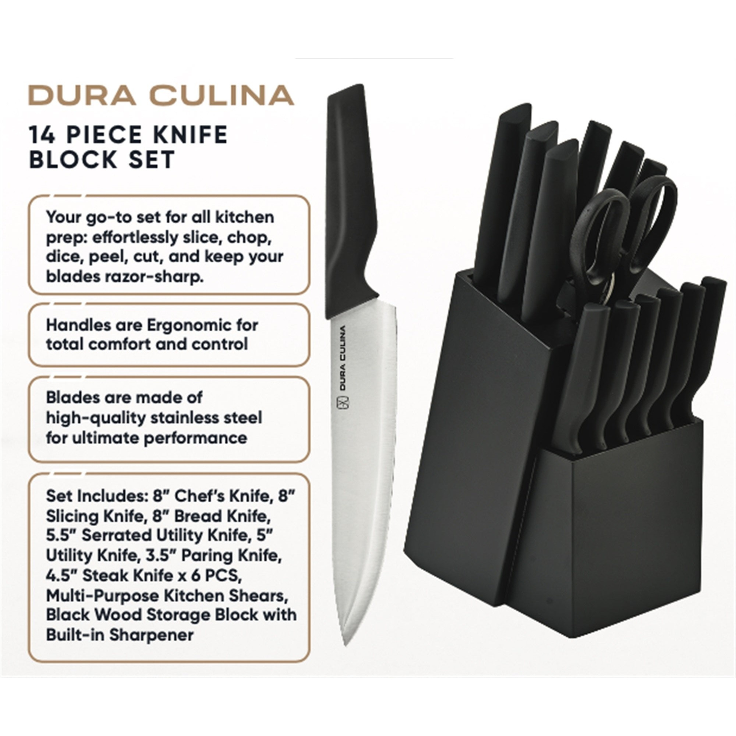 14-Piece Knife Block Set - High Carbon Stainless Steel with Ergonomic Handles, Built-In Sharpener, Black Wood Storage Block