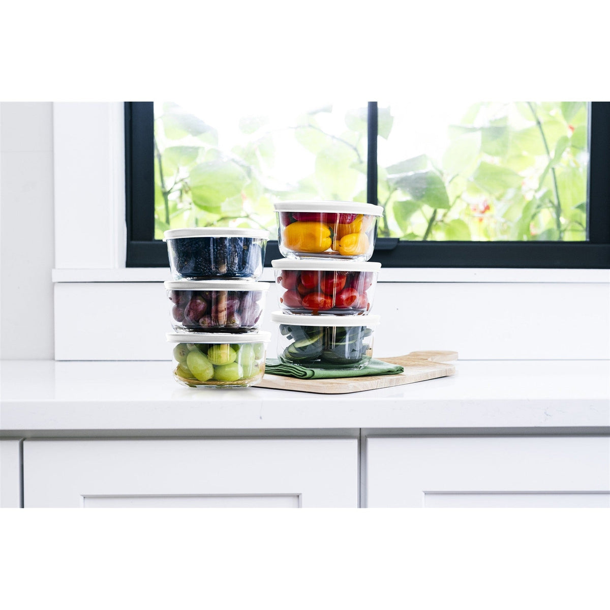12 Piece Set (2 Cup / 16Oz) Round Glass Storage Containers With Lids, White-1
