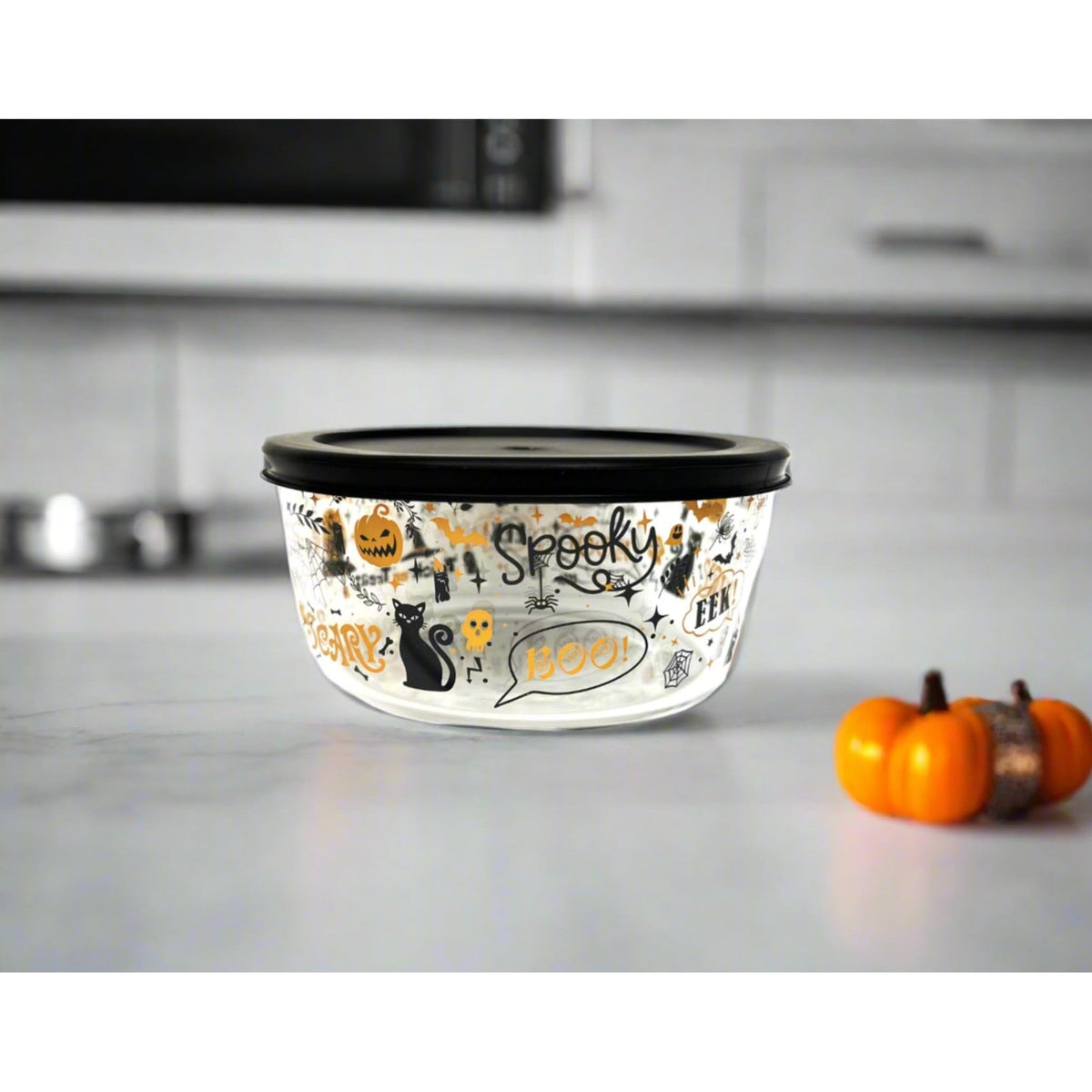 Halloween 4 Piece Set (4 Cup / 32Oz) Round Glass Storage Containers With Lids