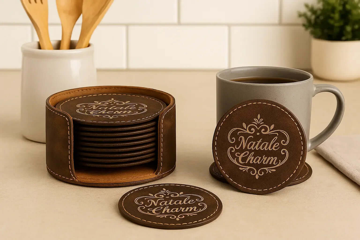 Premium Leather 6-Piece Engraved Leather Coaster Set