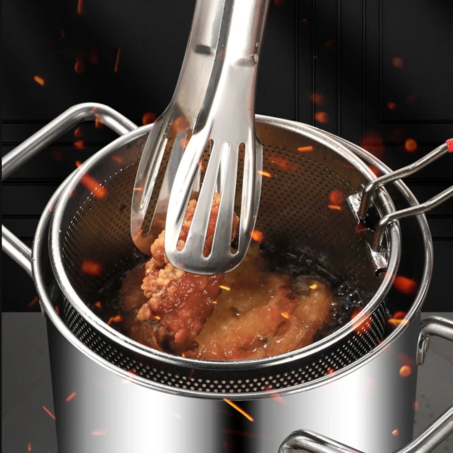 3PCS Deep Fryer Pot Set 304 Stainless Steel Fry Silver